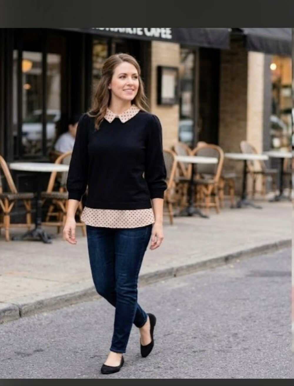 Adrianna Papell Black Crewneck Sweater with Polka Dot Trim